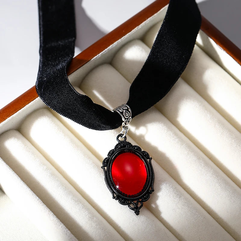Gothic Blood Red Velvet Witch Choker Necklace