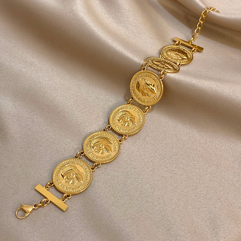 Gold-Plated Stainless Steel Coin Cuff Bracelet