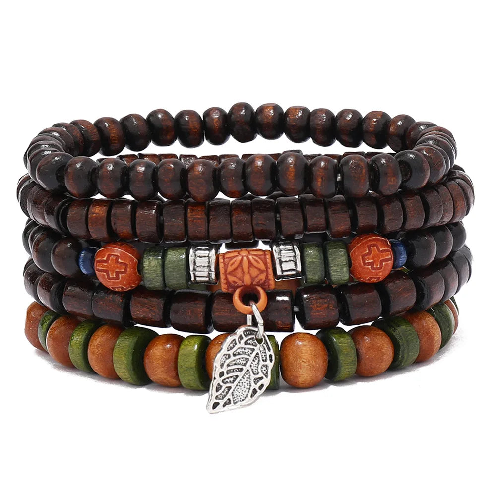 Boho Wood Bead Charm Bracelet Set