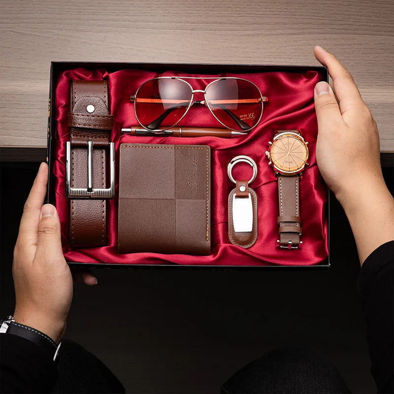 Corporate Gifts Men's Business Quartz Watch Men's Luxury Set 6-in-1 Watch Glasses Pen Keychain Belt Wallet Set Gift Box
