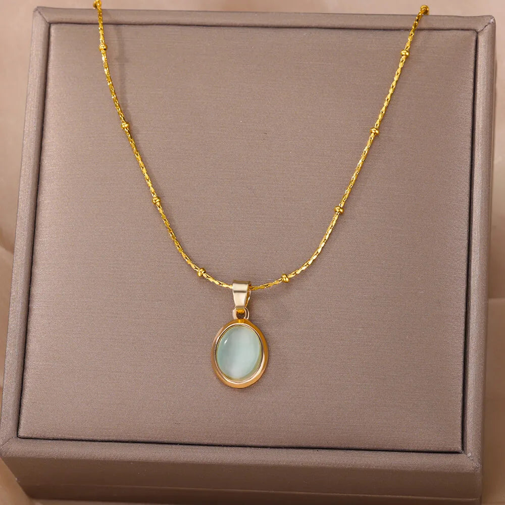 Gold Opal Oval Pendant Necklace for Women