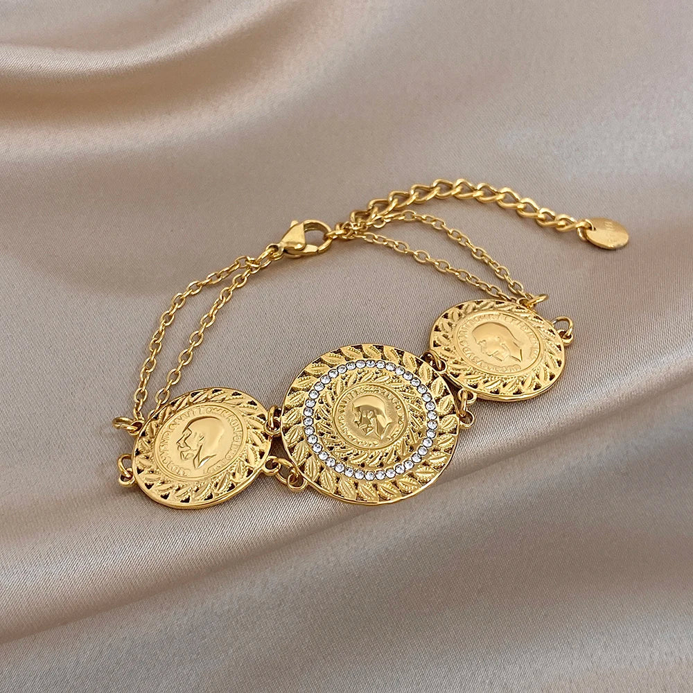 Gold-Plated Stainless Steel Coin Cuff Bracelet