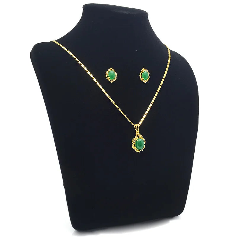 Gold Plated Emerald Pendant Necklace & Earrings Set