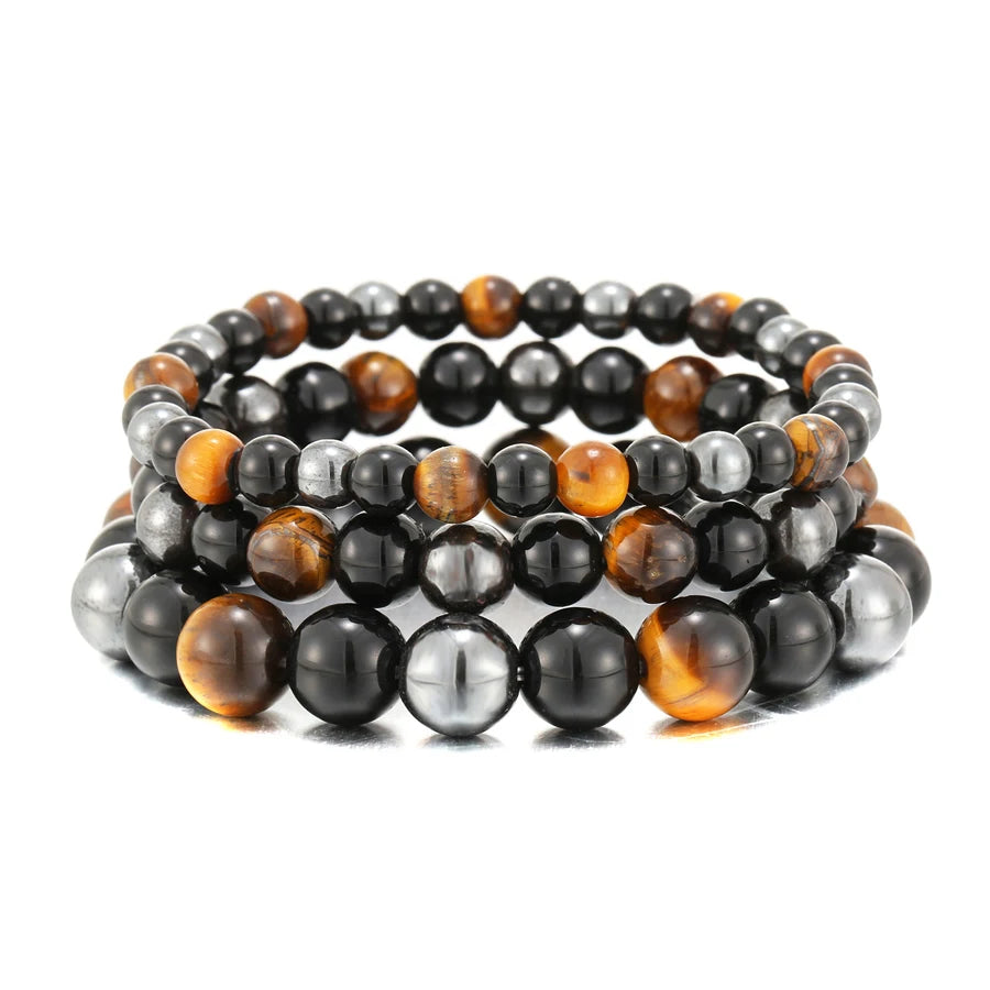 Natural Black Obsidian, Hematite & Tiger Eye Bead Bracelet for Men