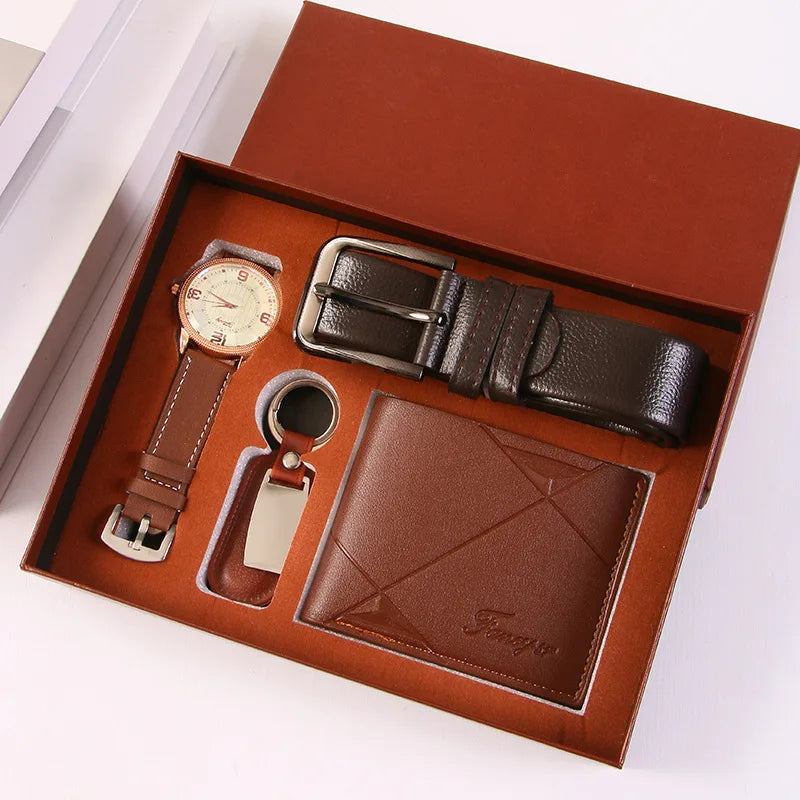 Corporate Gifts Men's Business Quartz Watch Men's Luxury Set 6-in-1 Watch Glasses Pen Keychain Belt Wallet Set Gift Box