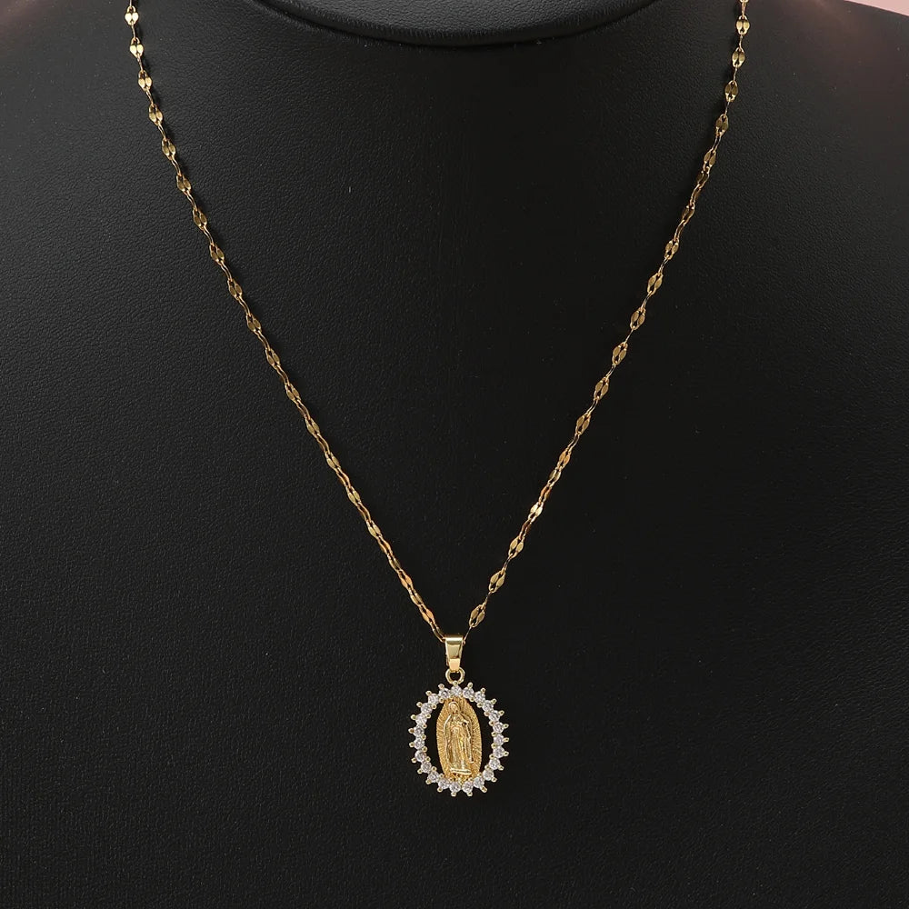 Colorful Zircon Virgin Mary Star Pendant Necklace