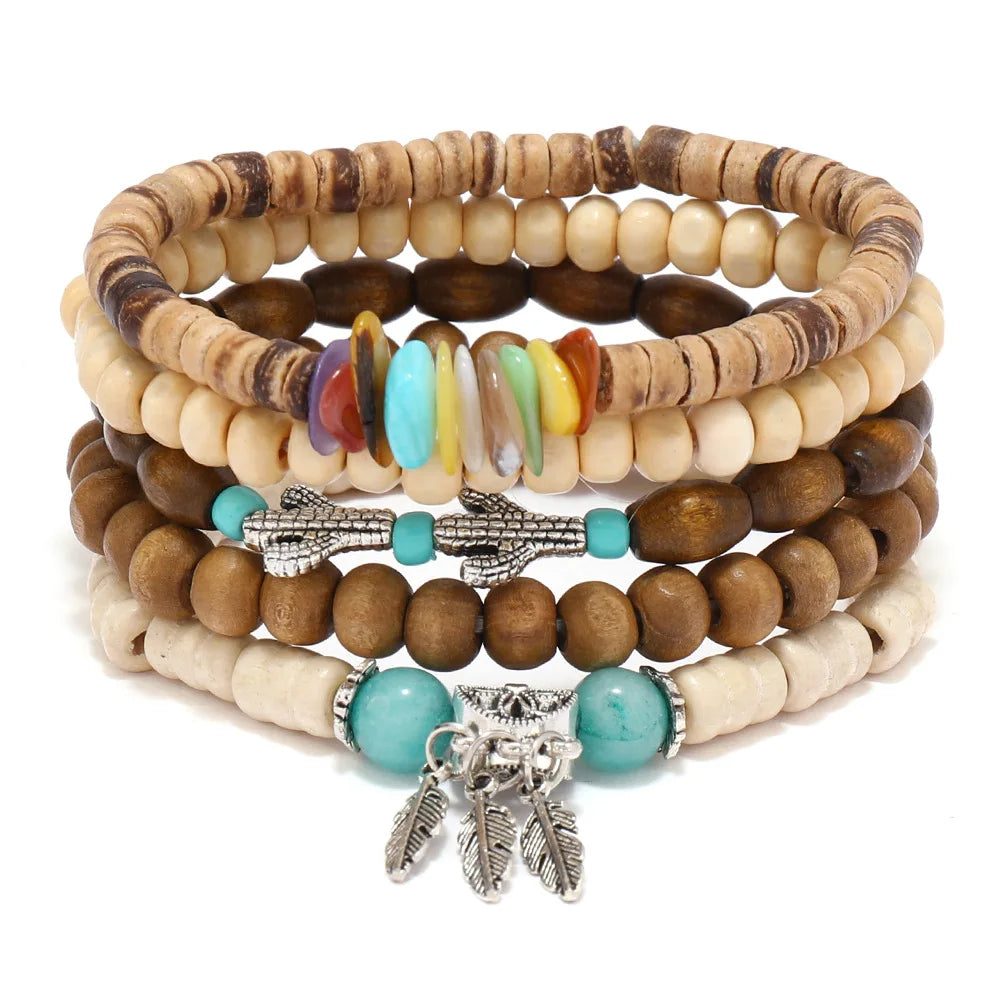 Boho Wood Bead Charm Bracelet Set