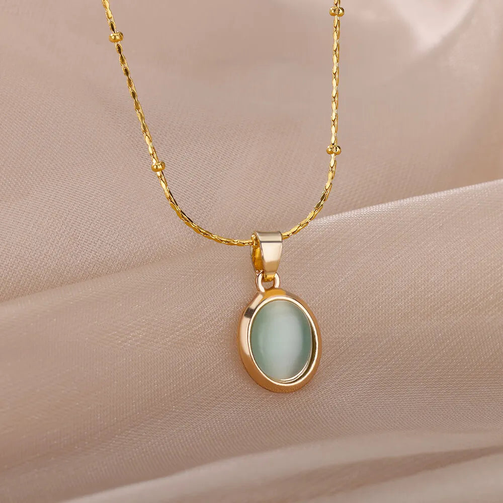 Gold Opal Oval Pendant Necklace for Women