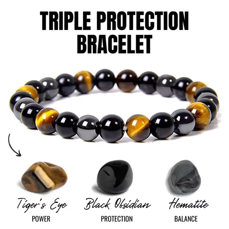 Natural Black Obsidian, Hematite & Tiger Eye Bead Bracelet for Men