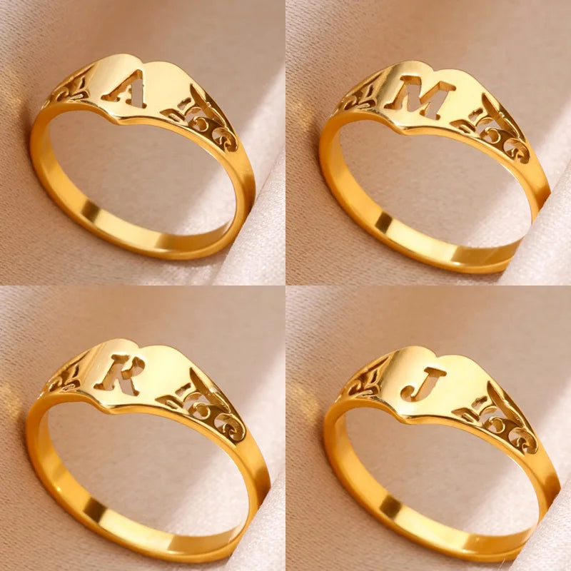 Gold Initial Heart Ring for Women A–Z