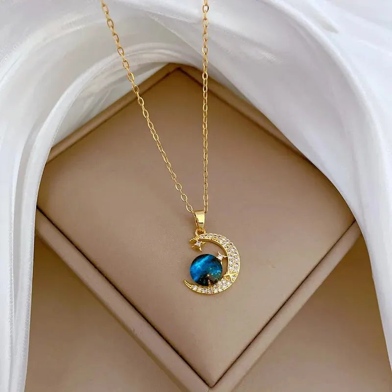 Gold Astronaut Moon & Planet Pendant Necklace