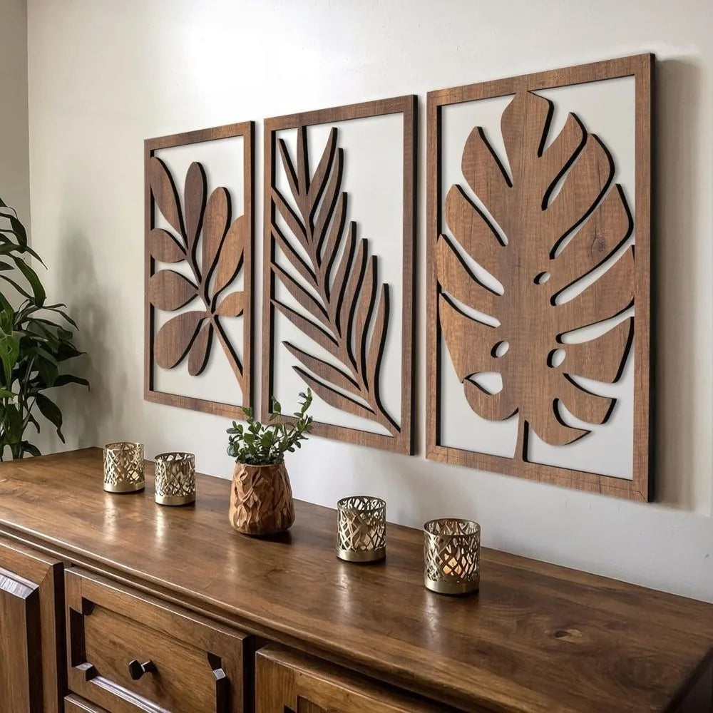 3-Piece Tropical Leaf Wooden Wall Art