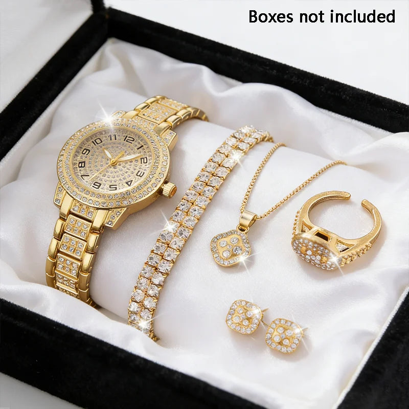 Luxury Women’s Gold Quartz Diamond Watch Set