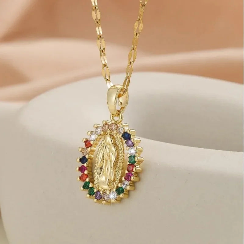 Colorful Zircon Virgin Mary Star Pendant Necklace